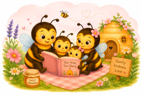 Bee characters exploring flowers and learning real bee facts